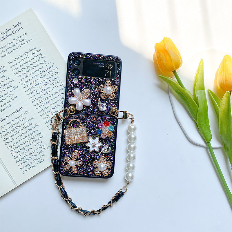 Female Flower Sequin Rhinestones Pearl Foldable Screen Flip Phone Case